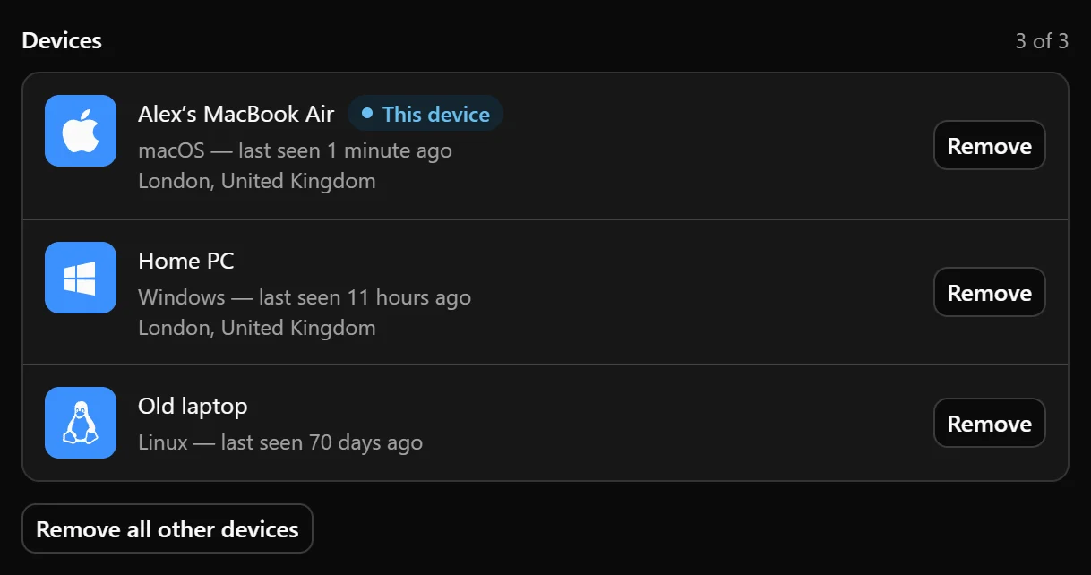 Devices section showing connected devices, This device, and the device count.