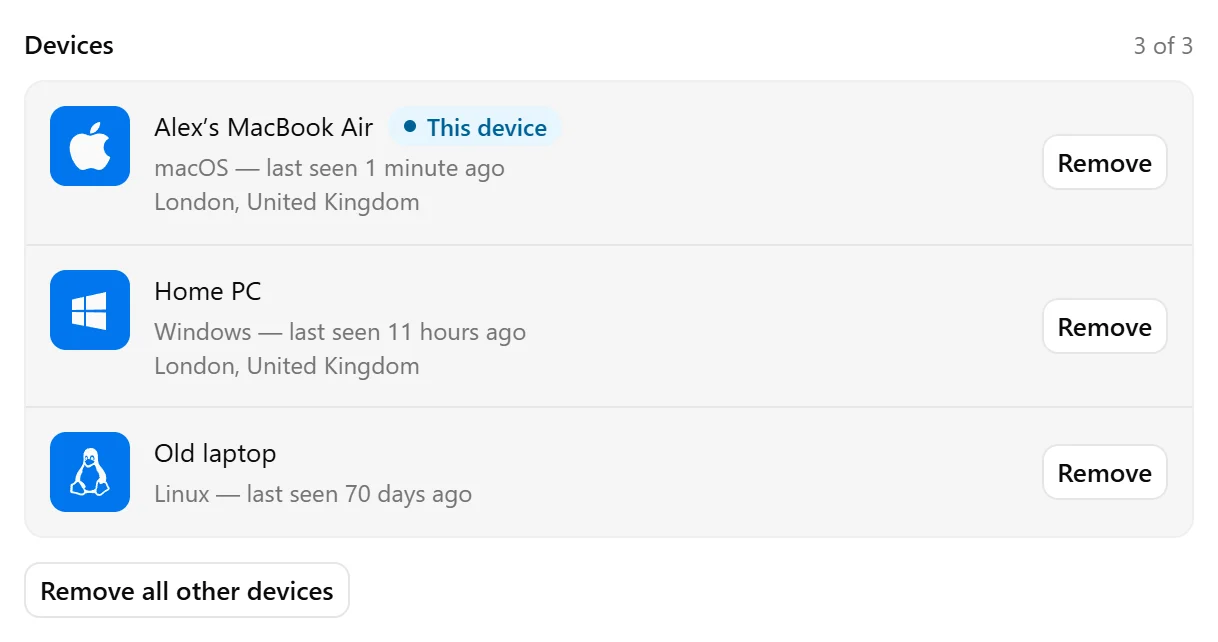 Devices section showing connected devices, This device, and the device count.