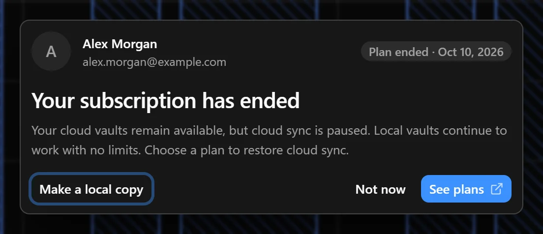 An inactive-plan notice with the action for restoring cloud access.