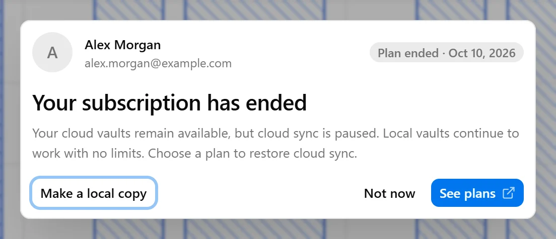 An inactive-plan notice with the action for restoring cloud access.