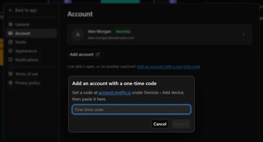 Settings → Account showing a connected account and the one-time code sign-in dialog.