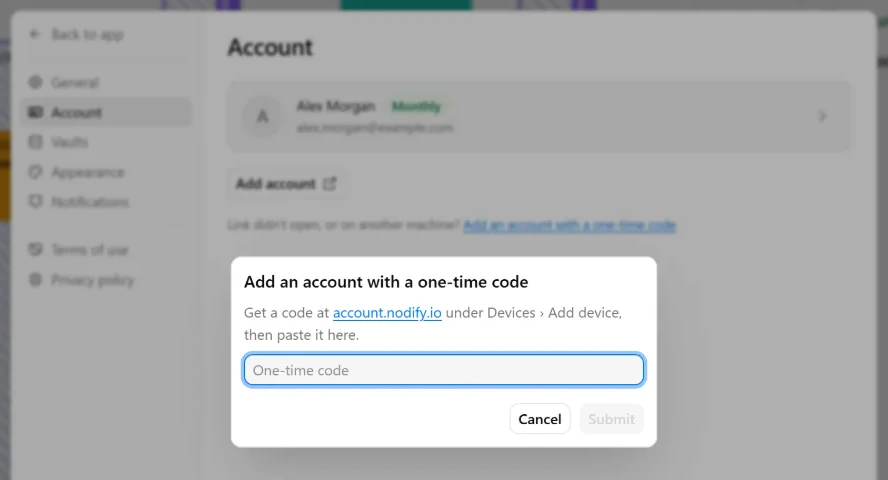 Settings → Account showing a connected account and the one-time code sign-in dialog.