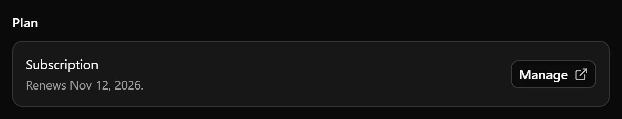 An account’s Plan section showing its status, renewal date, and Manage button.