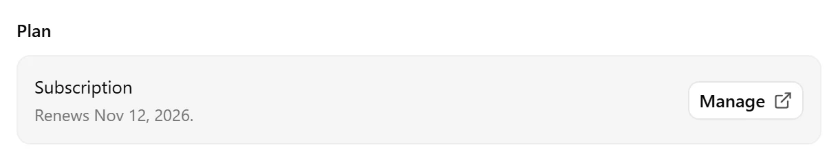 An account’s Plan section showing its status, renewal date, and Manage button.