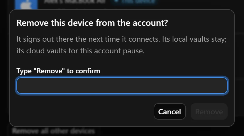 Remove device confirmation with the required Remove text.