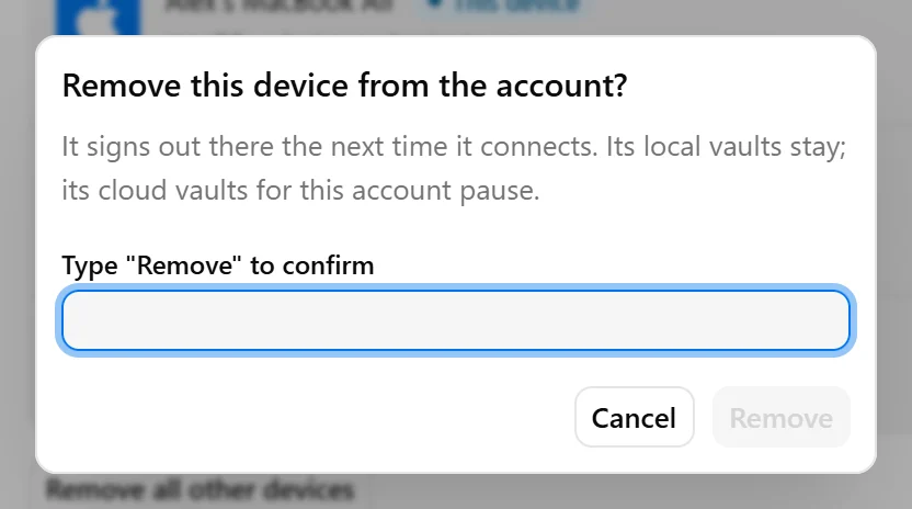 Remove device confirmation with the required Remove text.