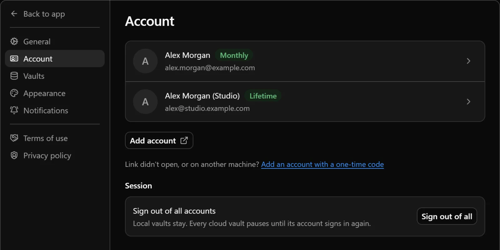 Settings → Account showing two connected accounts and Add account.