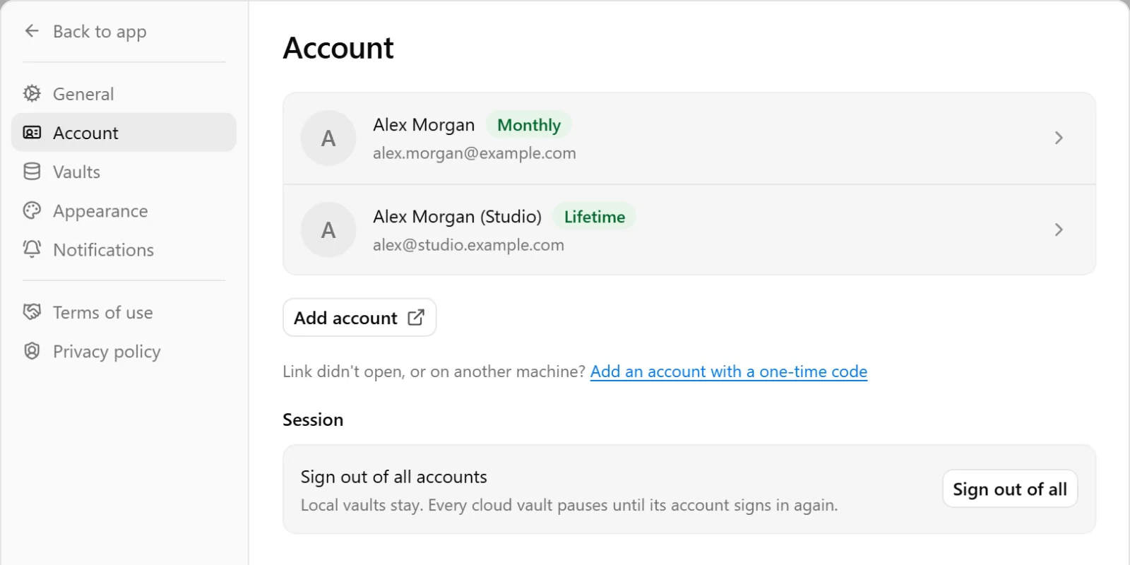 Settings → Account showing two connected accounts and Add account.