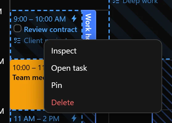 Context menu for an autocompleted task occurrence showing Inspect, Open task, Pin, and Delete.