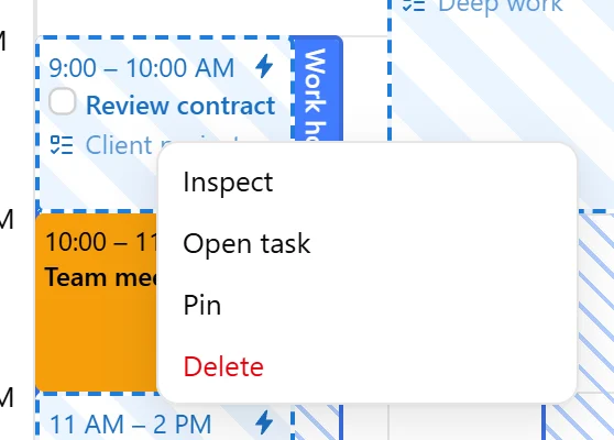 Context menu for an autocompleted task occurrence showing Inspect, Open task, Pin, and Delete.