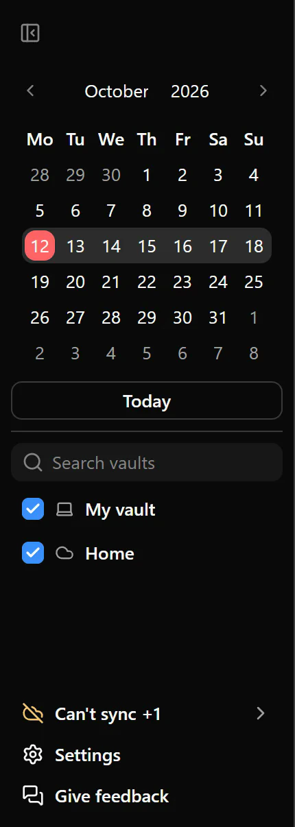 The left sidebar showing the calendar filter and a cloud vault notice.