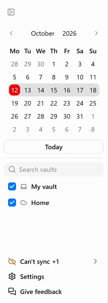 The left sidebar showing the calendar filter and a cloud vault notice.