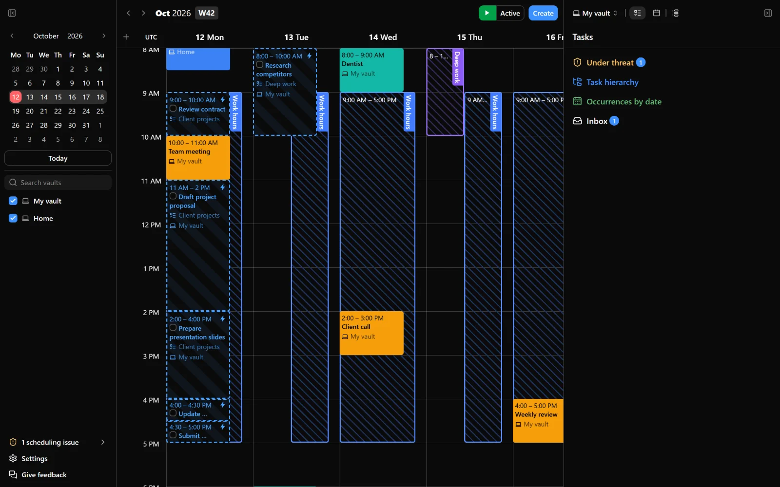 Nodify Calendar with the calendar, both sidebars, the calendar filter, and the vault picker.