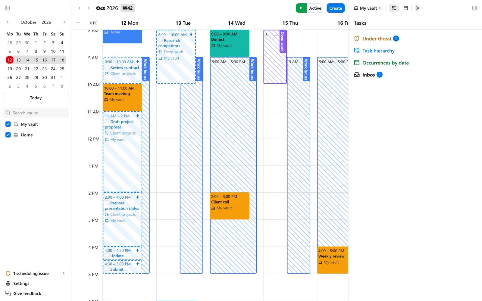Nodify Calendar with the calendar, both sidebars, the calendar filter, and the vault picker.