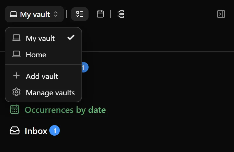 The right sidebar with the vault picker open.