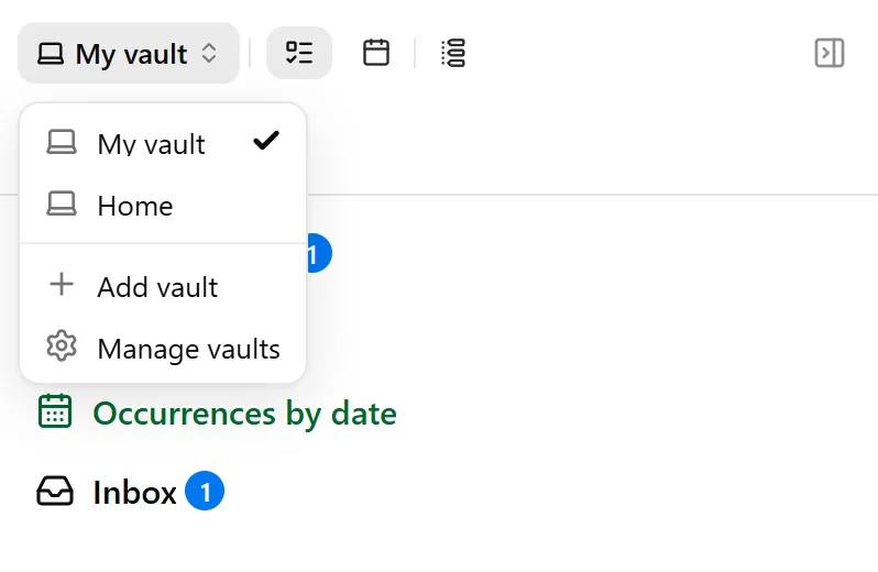 The right sidebar with the vault picker open.