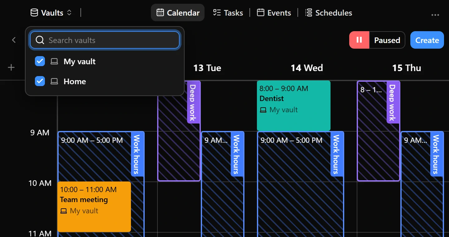 The vault control in a narrow window, showing the vault picker in Tasks and the calendar filter in Calendar.
