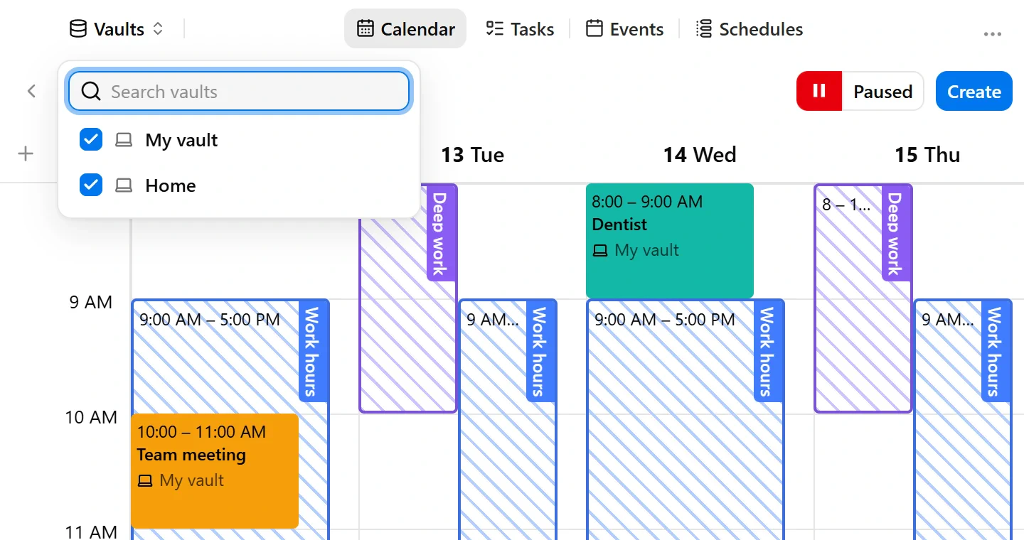 The vault control in a narrow window, showing the vault picker in Tasks and the calendar filter in Calendar.