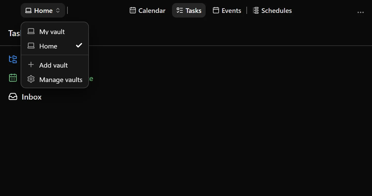 The vault control in a narrow window, showing the vault picker in Tasks and the calendar filter in Calendar.