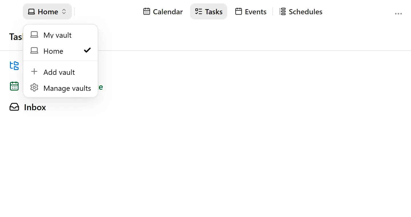 The vault control in a narrow window, showing the vault picker in Tasks and the calendar filter in Calendar.
