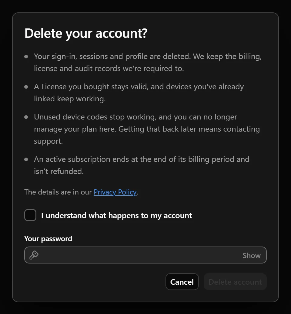 Account deletion confirmation in Nodify Account showing the consequences and required confirmation.