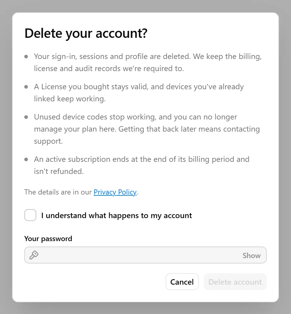 Account deletion confirmation in Nodify Account showing the consequences and required confirmation.