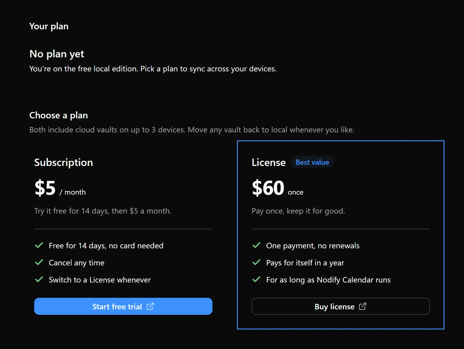 Nodify Account showing the available cloud plans.