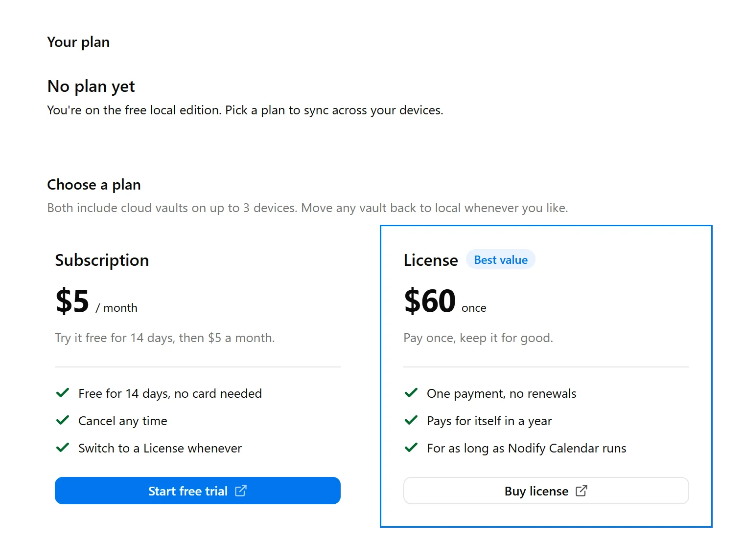 Nodify Account showing the available cloud plans.