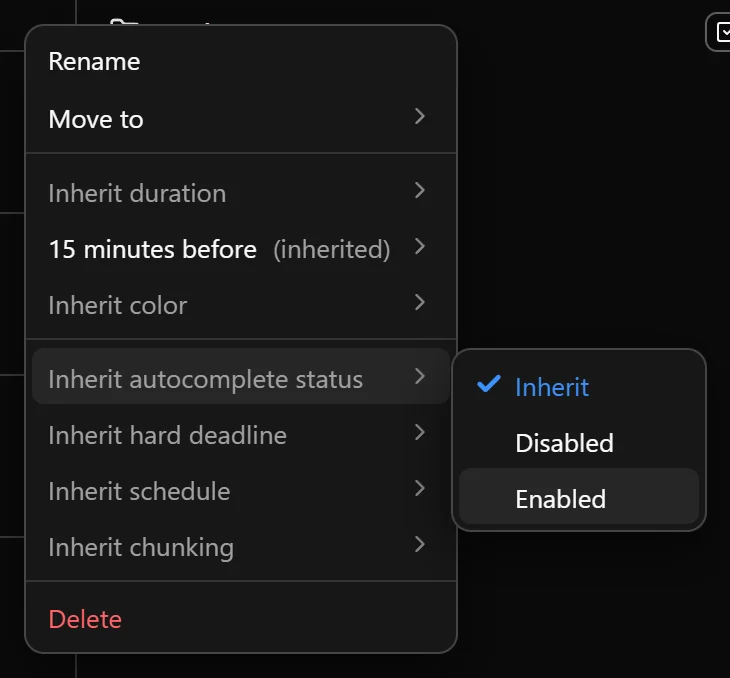 Context menu for the Study folder with the autocomplete submenu open and Enabled highlighted.