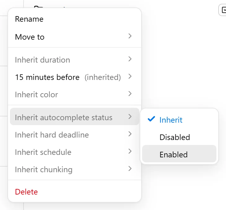 Context menu for the Study folder with the autocomplete submenu open and Enabled highlighted.