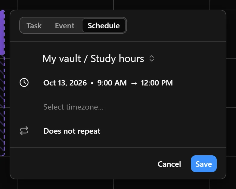The creation panel with Schedule selected and a Study hours slot ready to save.