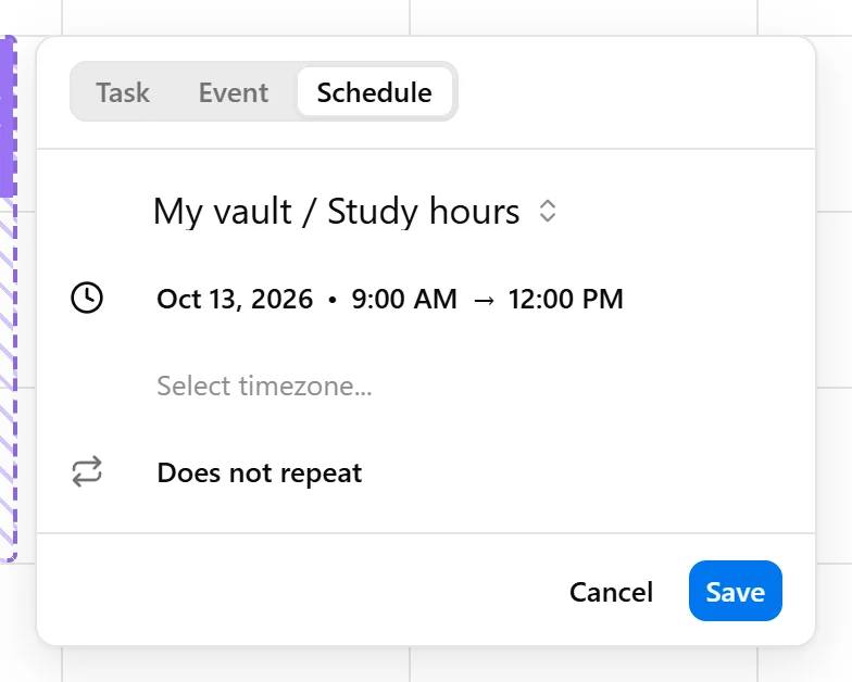 The creation panel with Schedule selected and a Study hours slot ready to save.
