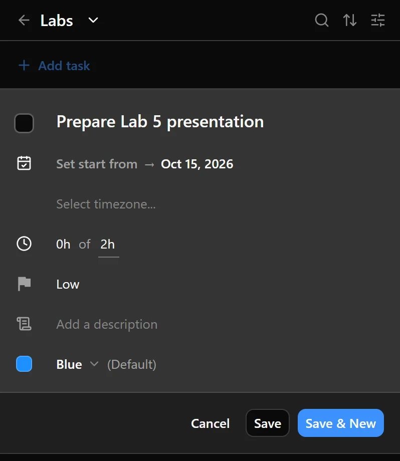 The new task editor with a title, expected duration, and deadline.