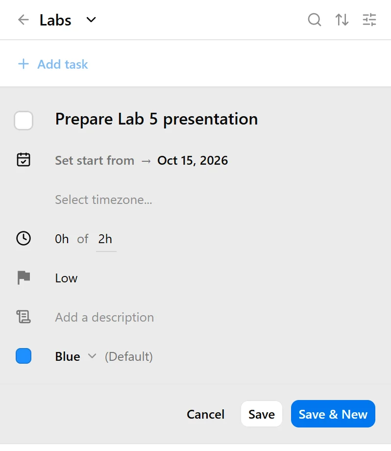 The new task editor with a title, expected duration, and deadline.