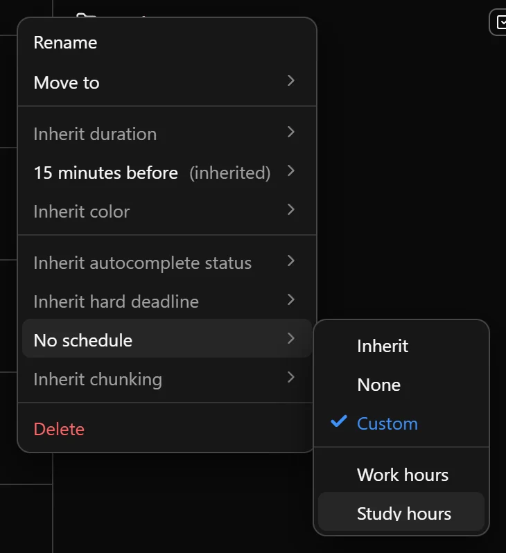 The Study folder menu with Inherit schedule → Custom → Study hours selected.