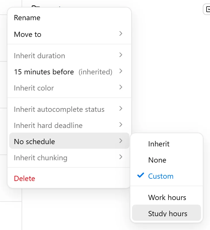 The Study folder menu with Inherit schedule → Custom → Study hours selected.