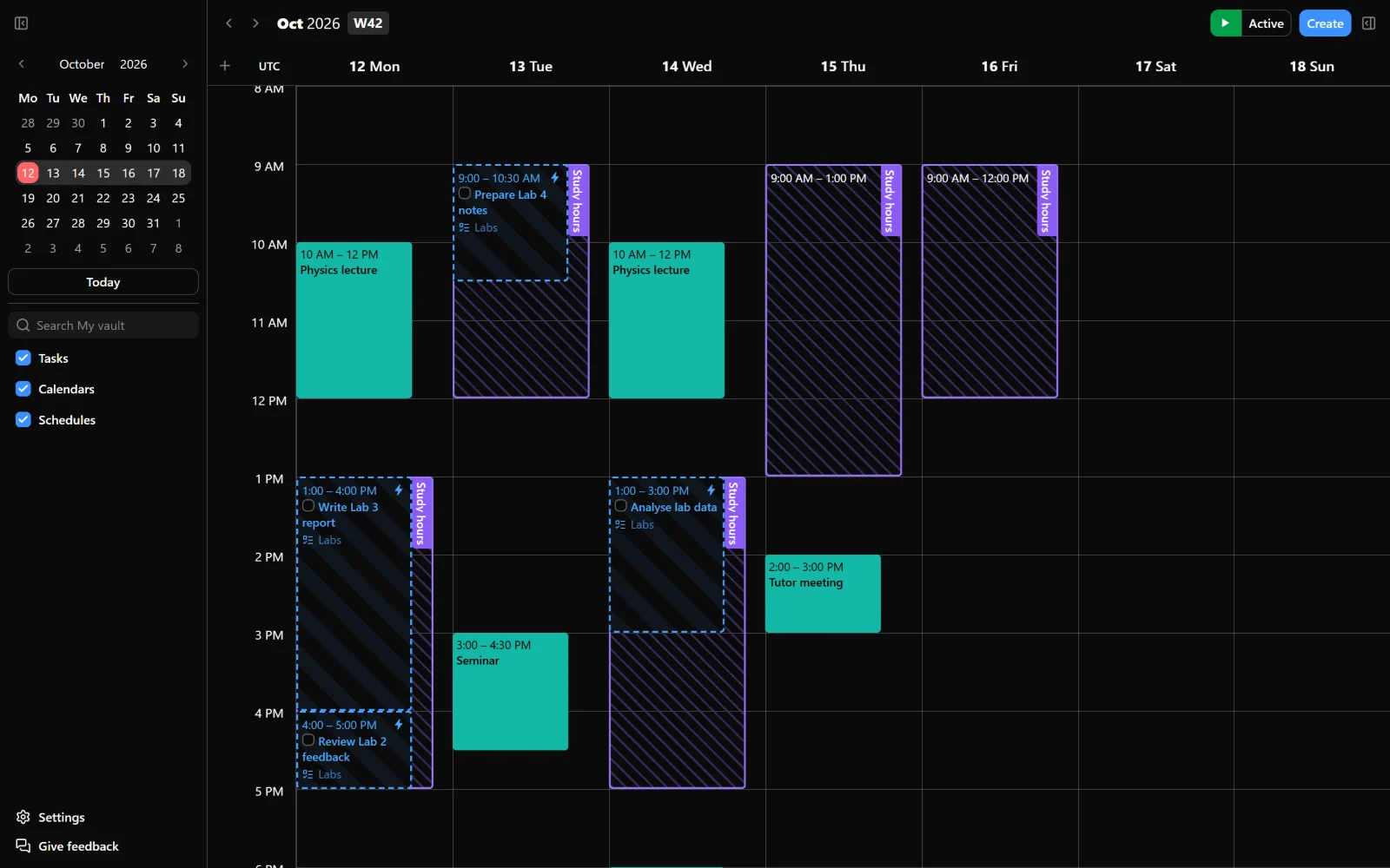 The week with tasks placed inside Study hours slots and around Busy events.