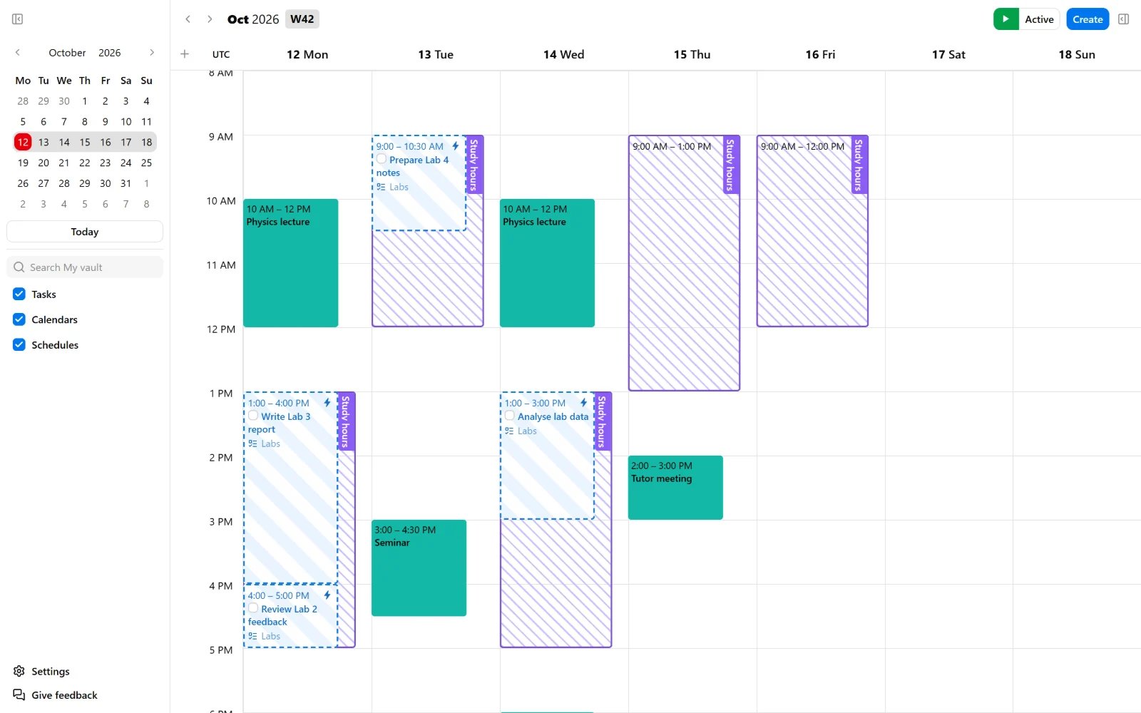 The week with tasks placed inside Study hours slots and around Busy events.