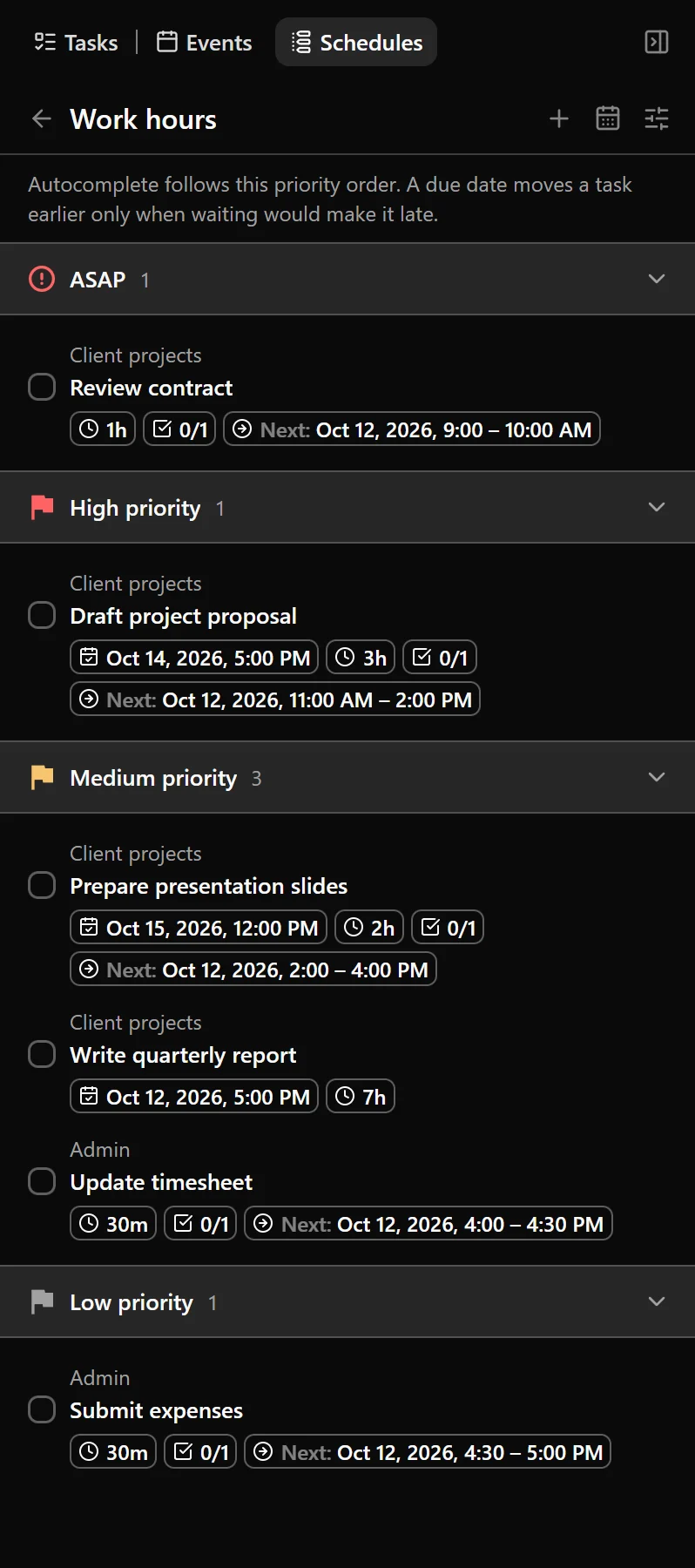 The Work hours schedule showing the + icon and tasks grouped by priority.
