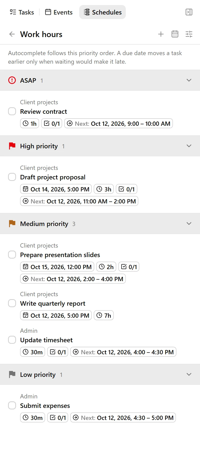 The Work hours schedule showing the + icon and tasks grouped by priority.