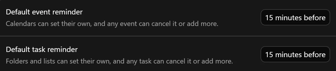 Notifications settings showing Default event reminder and Default task reminder.