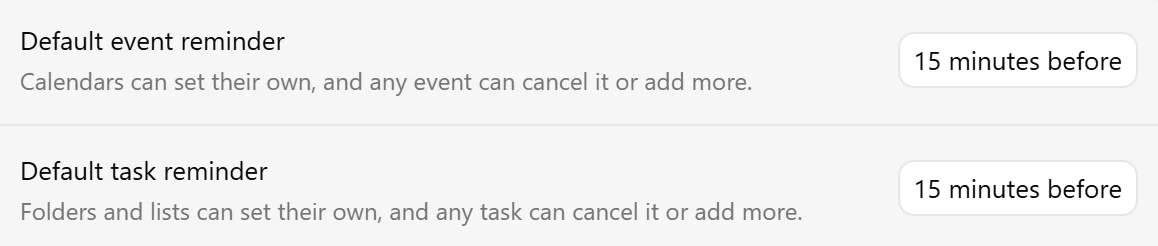 Notifications settings showing Default event reminder and Default task reminder.