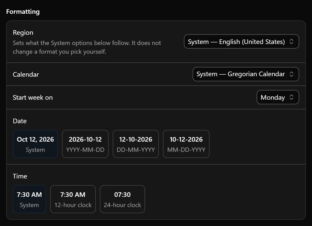 Formatting settings showing Region, Calendar, Start week on, and the date and time format options.