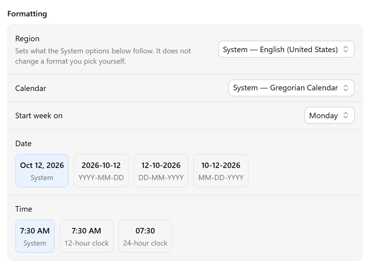 Formatting settings showing Region, Calendar, Start week on, and the date and time format options.