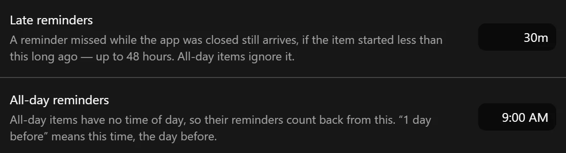 Late reminders and All-day reminders settings.