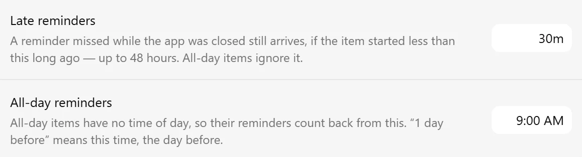 Late reminders and All-day reminders settings.