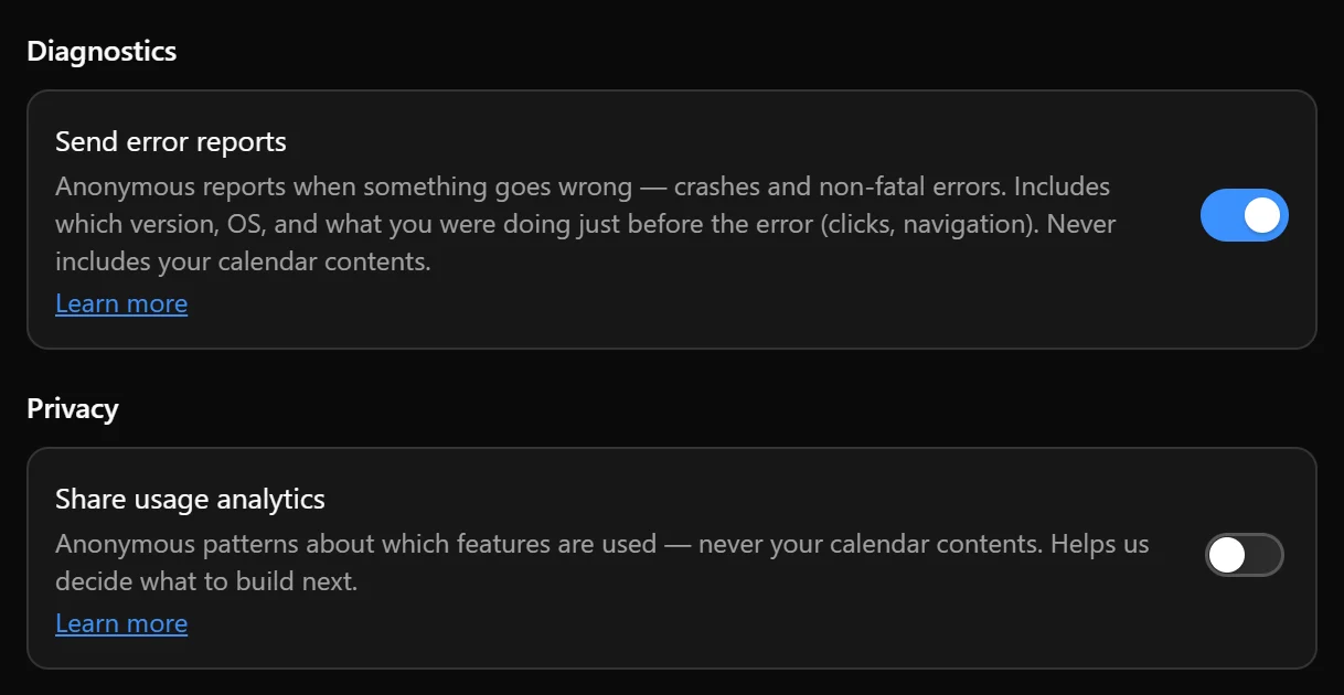 Settings → General showing Send error reports, Share usage analytics, and their Learn more links.