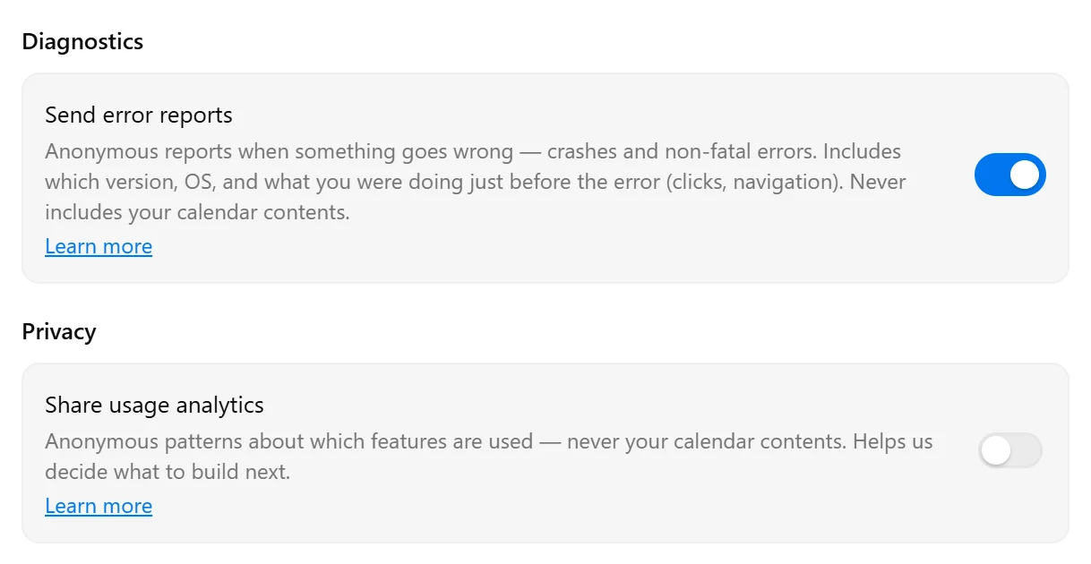 Settings → General showing Send error reports, Share usage analytics, and their Learn more links.