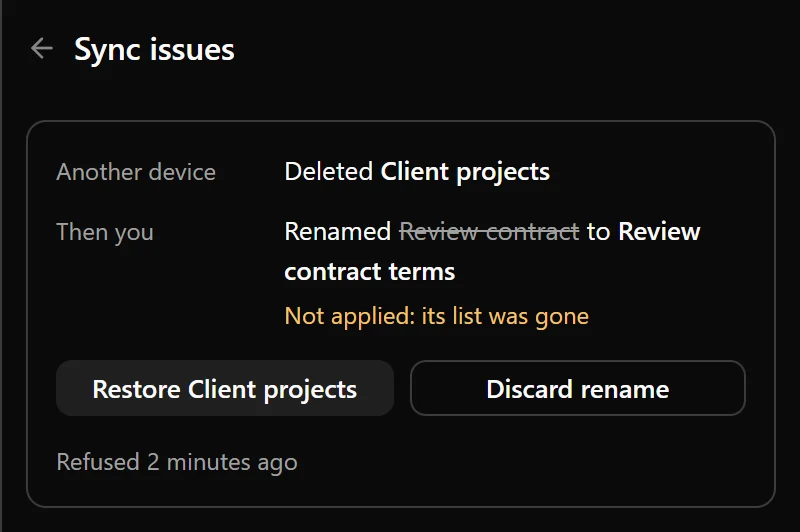 Sync issues showing a change from another device, the local changes that could not be applied, and the available resolution buttons.