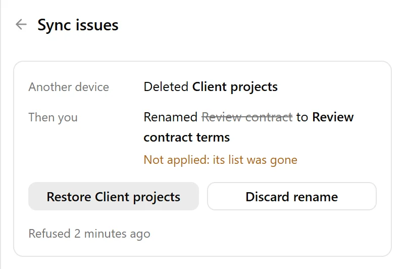 Sync issues showing a change from another device, the local changes that could not be applied, and the available resolution buttons.